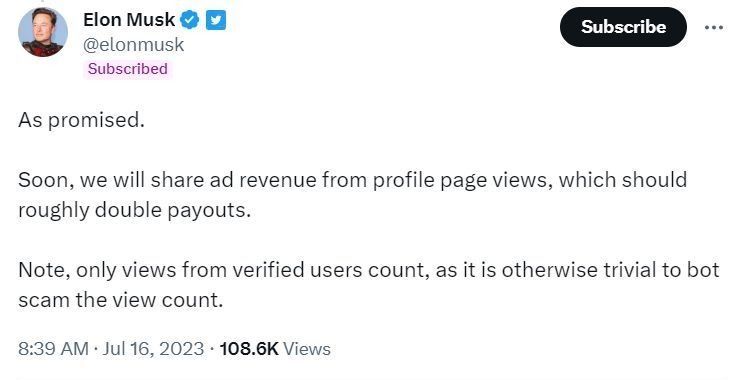 马斯克：Twitter 将分享来自个人资料页面浏览量的广告收入