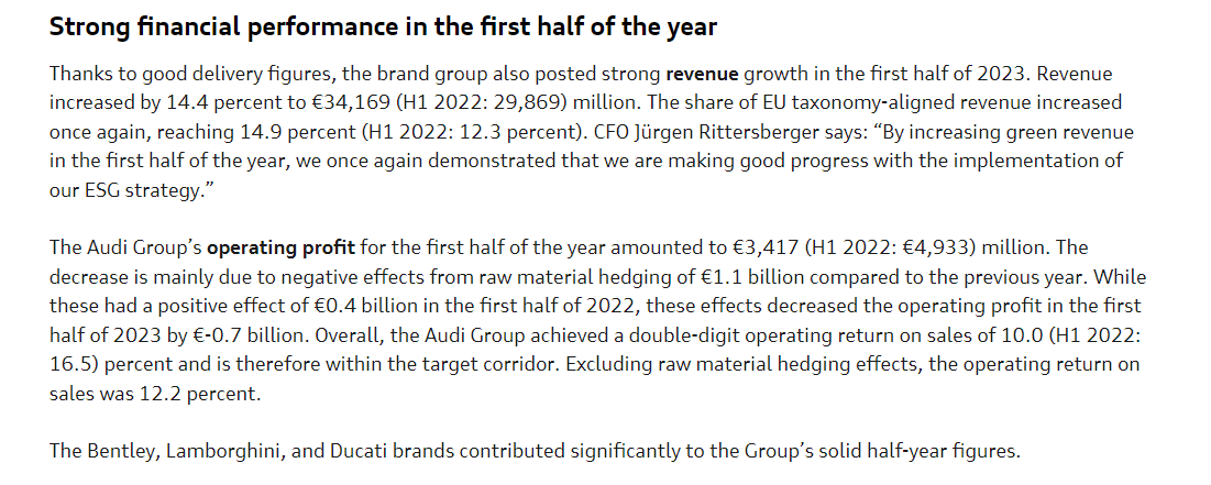 奥迪集团：上半年销售收入 342 亿欧元，同比增长 14.4%