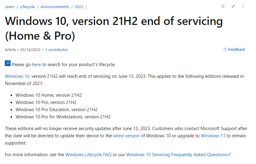 微软宣布终止 Win10 21H2 版本服务，之后不再接收安全更新